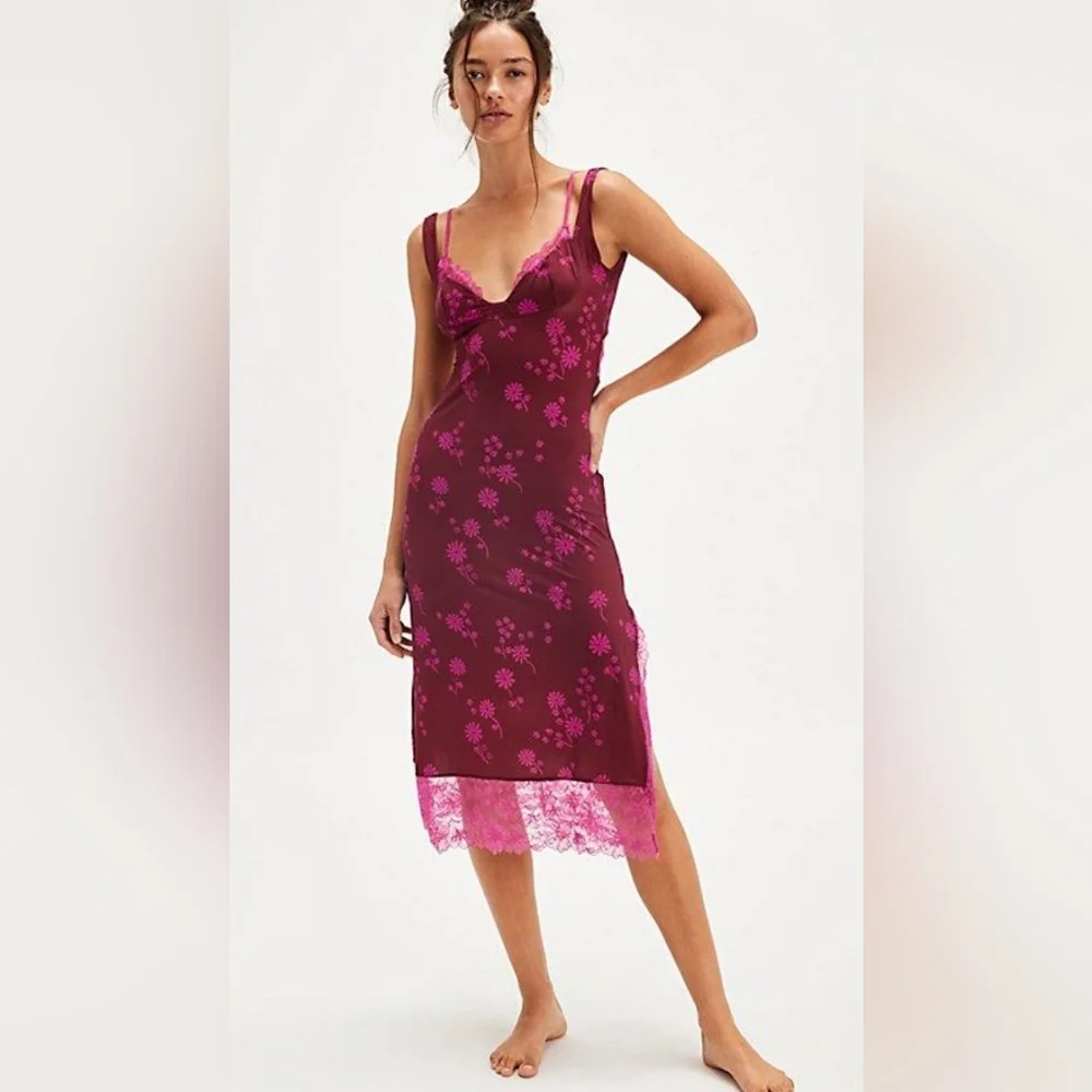 Free People Party Crasher Floral Lace Midi Slip In Plum